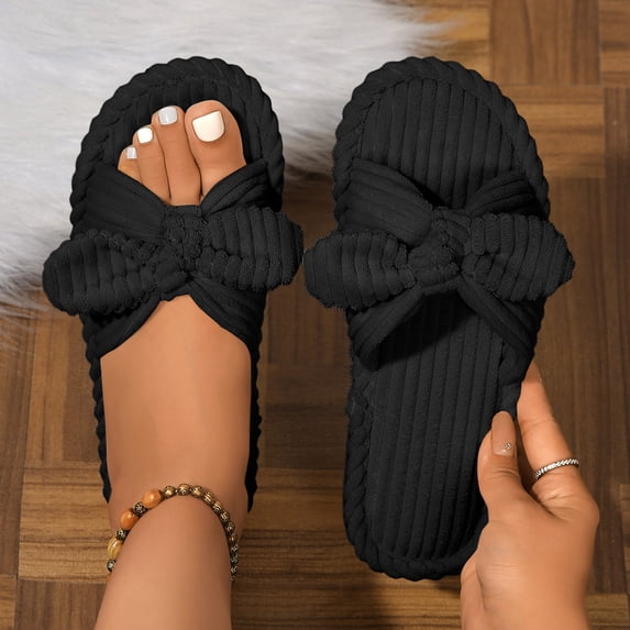 Willtoo Bow Knot Slippers Women Cute Corduroy Orthopedic Slipper House Slipper Comfy House Slides Open Toe Sandals Bedroom Shoes EVA Sole Cozy Indoor Outdoor Home Slipper