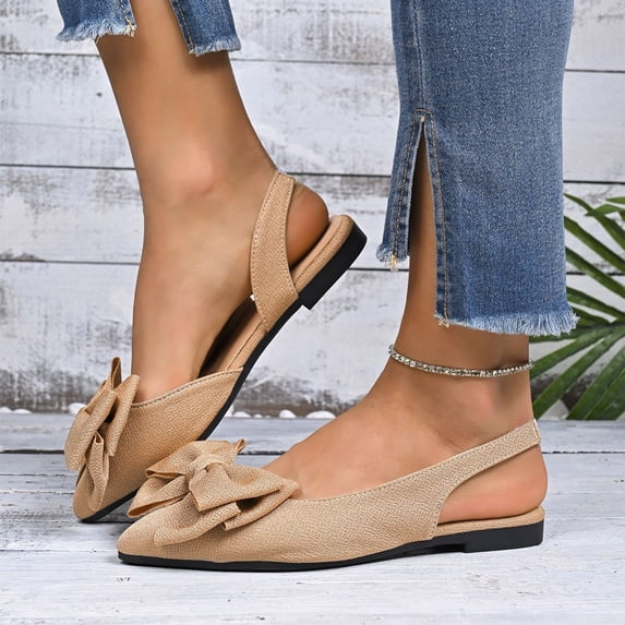Willtoo Bow Pointed Toe Dress Flat Shoes for Women Elastic Back Slingback Flats Fashion Casual Adjustable Ankle Strap Shoes