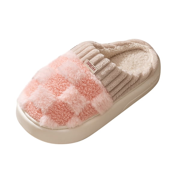Willtoo Checkered Slipper House Slippers for Women Men Plush Warm Fuzzy Slippers Flyffy Bedroom Shoes Indoor Slip On Pink