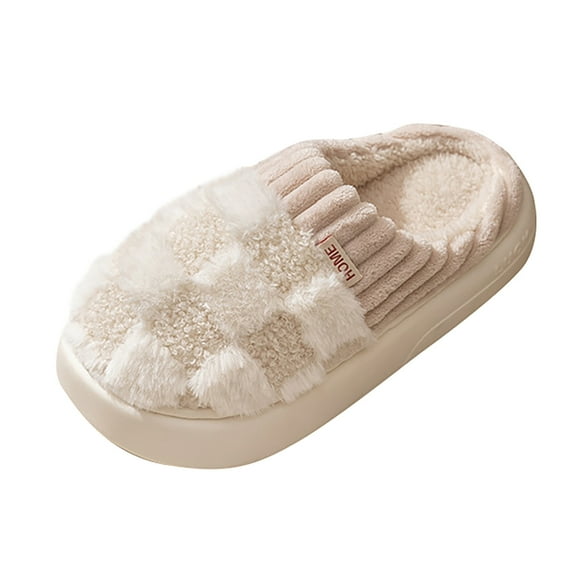 Willtoo Checkered Slipper House Slippers for Women Men Plush Warm Fuzzy Slippers Flyffy Bedroom Shoes Indoor Slip On White