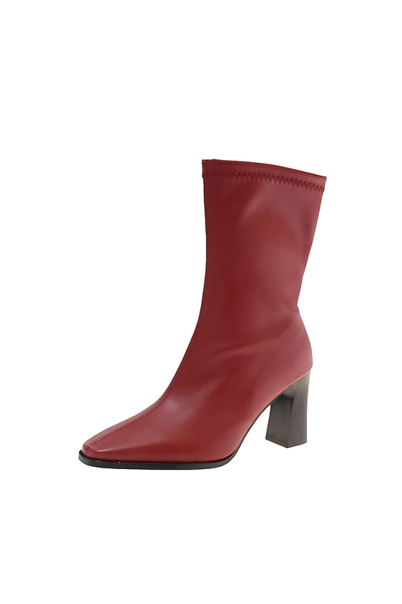 Chunky Block Mid Heel Pointed Cap Toe Ankle Boots Short Bootie Zipper Party Basic Classic 2.0 Inches Heels Red