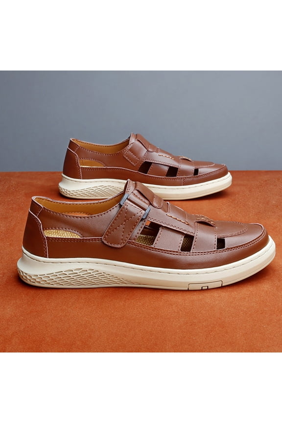 Closed Toe Men Retro Flat Sandals, Solid Color Hook & Loop Casual Outdoor Shoes Hollow Athletic Sandals - Roman Orthopedic Shoes