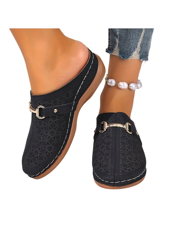 Closed Toe Orthopedic Mule Slip On Flat Casual Shoes with Metal Buckle for Summer Walking Platform Slides