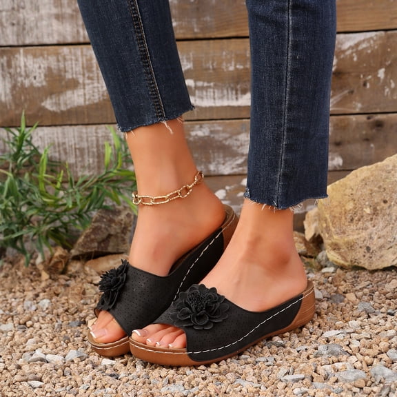 Willtoo Comfortable Non-slip Solid Color Wedge Sandals Orthopedic Ladies Platform Leather Wedge Low Platform Beach Shoes Black US-7(EU-38)