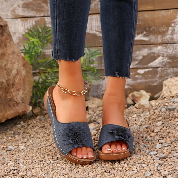 Willtoo Comfortable Non-slip Solid Color Wedge Sandals Orthopedic Ladies Platform Leather Wedge Low Platform Beach Shoes Blue US-9(EU-42)