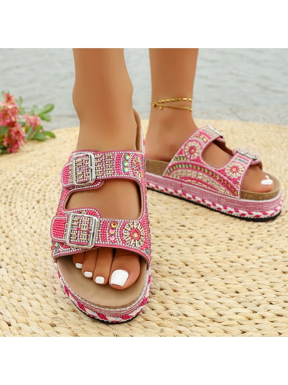 Cork Sandals for Women Platform Flatform Rhinestone Beaded Sandals Double Buckle Strap Fancy Boho Slip On Cork Footbed Slide Summer Embellished Beach