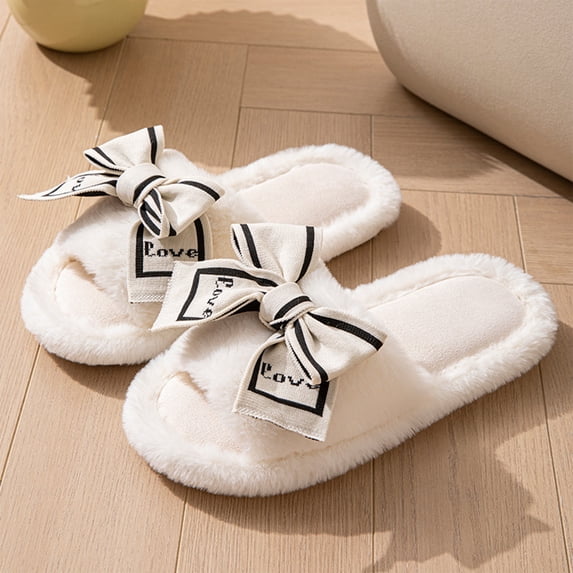 Willtoo Cute Bow Slippers for Women with Memory Foam Open Toe Fuzzy House Slippers Indoor Outdoor Anti-Skid Soft Walking Shoes