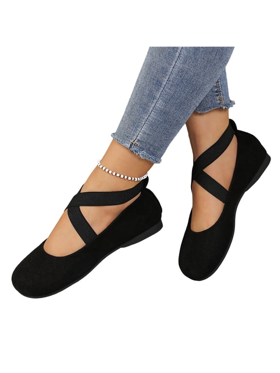 Dress Flats Ballet for Women Low Wedge Round Toe Fashion Elastic Ankle Strap Comfortable Casual Flats Shoes