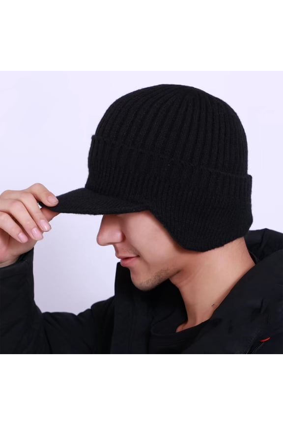 Elastic Warm Ear Protection Knitted Hat Cozy Head Beanie, Winter Knit Hat with Brim and Ear Flaps, Fleece Lining Cap, Warm Ear Protection Black