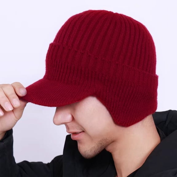 Willtoo Elastic Warm Ear Protection Knitted Hat Cozy Head Beanie, Winter Knit Hat with Brim and Ear Flaps, Fleece Lining Cap, Warm Ear Protection Wine