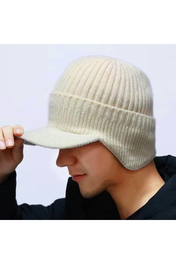 Elastic Warm Ear Protection Knitted Hat, Winter Beanie with Visor & Earflaps for Men Outdoor Winter Hats for Men White