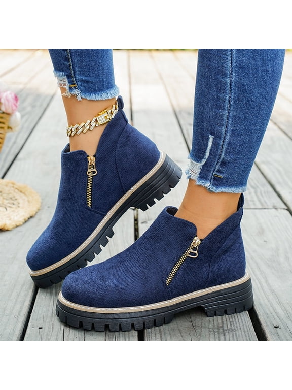 Fall Shoes for Women 2026 Ankle Boots Side V Cut Platform Chunky Heels Short Booties with Zipper Round Toe Low Heel Comfortable Walking Non Slip Boot Low-top Loafer