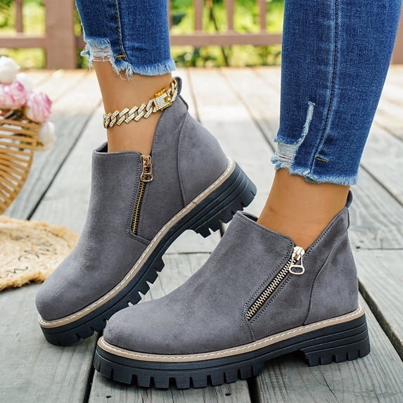 Willtoo Fall Shoes for Women 2026 Ankle Boots Side V Cut Platform Chunky Heels Short Booties with Zipper Round Toe Low Heel Comfortable Walking Non Slip Boot Low-top Loafer
