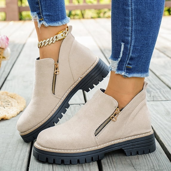Willtoo Fall Shoes for Women 2026 Ankle Boots Side V Cut Platform Chunky Heels Short Booties with Zipper Round Toe Low Heel Comfortable Walking Non Slip Boot Low-top Loafer