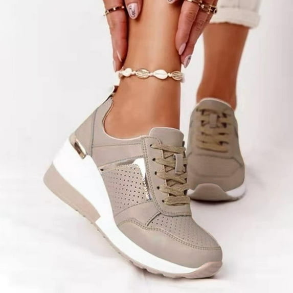 Willtoo Fashion Wedge Sneaker for Women Ladies High Heeld Wedge Sneakers Hidden Lace Up Platform Sneakers Daily Wear Shoes Brown