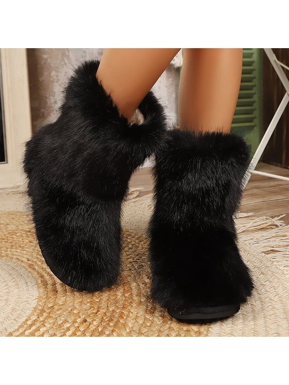 Faux Fur Plush Boots for Women Winter Fluffy Furry Boots Flat Heel Snow Boots