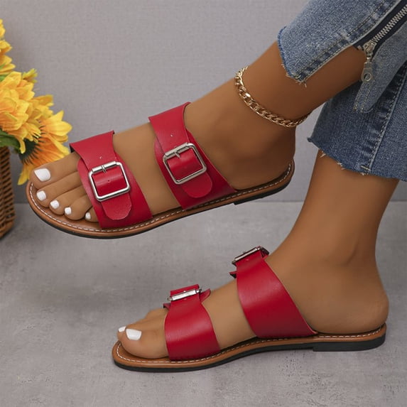 Willtoo Flat Sandals for Women Dressy Comfortable Arch Support Slip on Flat Slides Buckle Summer Beach Sandal Shoes