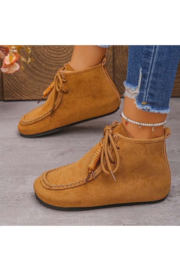 Flat boots for Women Faux Suede Lace Up Ankle Boots Wide Round Toe Retro Style Street Footwear Flat Ankle Booties Brown