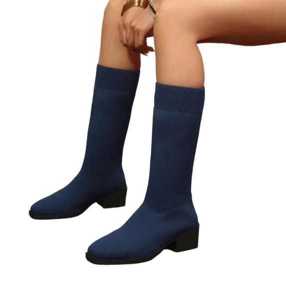 Willtoo Flexible Knit Boots for Women Mid Calf Block Heel Booties Stretch Breathable Fall Sock Boot for All-Day Comfort