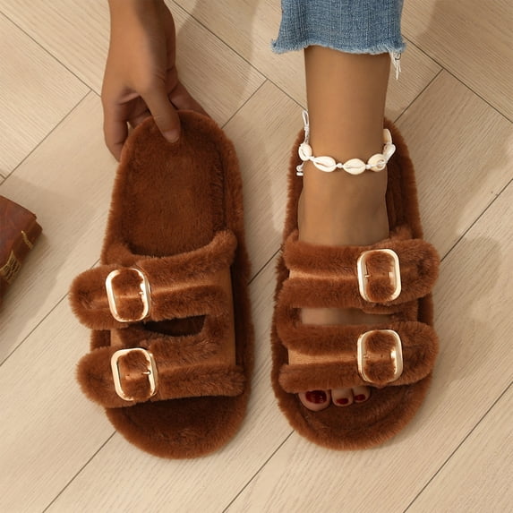 Willtoo Fuzzy Slippers for Women House Shoes Winter Warm Adjustable Double Straps Fluffy Faux Fur Open Toe Slippers Indoor and Outdoor Women's Slippers