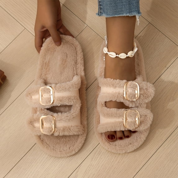 Willtoo Fuzzy Slippers for Women House Shoes Winter Warm Adjustable Double Straps Fluffy Faux Fur Open Toe Slippers Indoor and Outdoor Women's Slippers