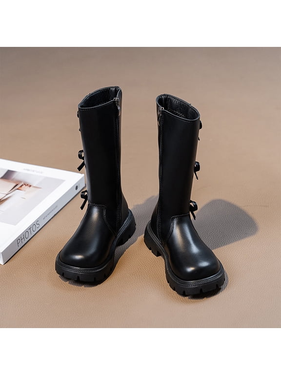 Girls Bow Knee-High Boots With Zipper Fashionable Round Toe Soft Lug Sole Non-Slip Cute Mid-Calf Boots Casual Walking Shoes
