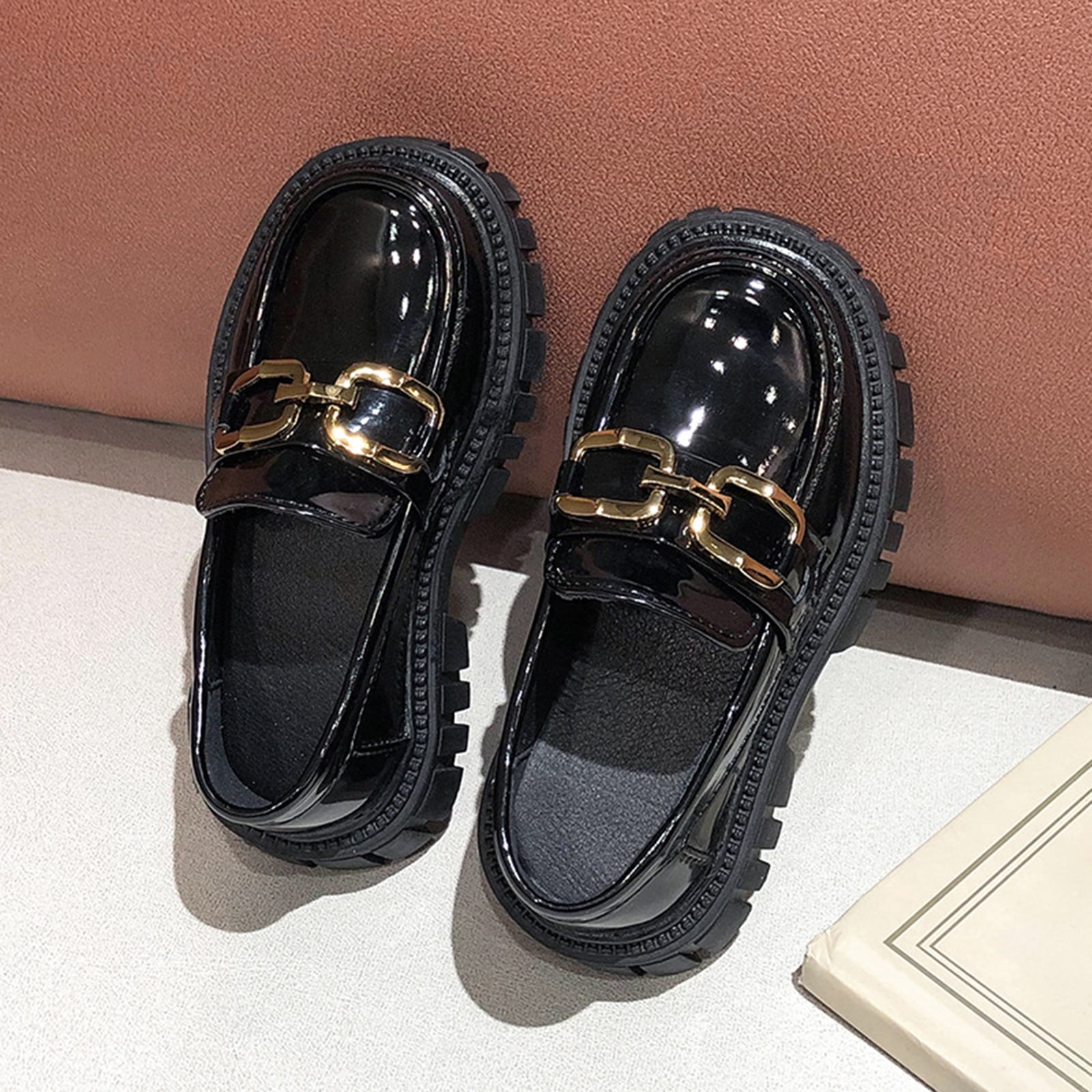 Girls Slip On Loafers PU Faux Leather Oxford Shoes Chunky Heel Flats Church School Uniform Dress Shoes