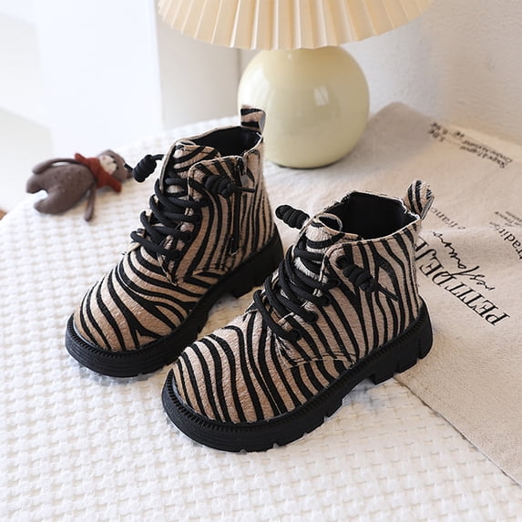 Willtoo Girls Zebra Print Combat Ankle Boots Big Kids Side Zipper Lace Up Retro Fashion Short Booties Soft Non-Slip Platform Comfort Single Boots