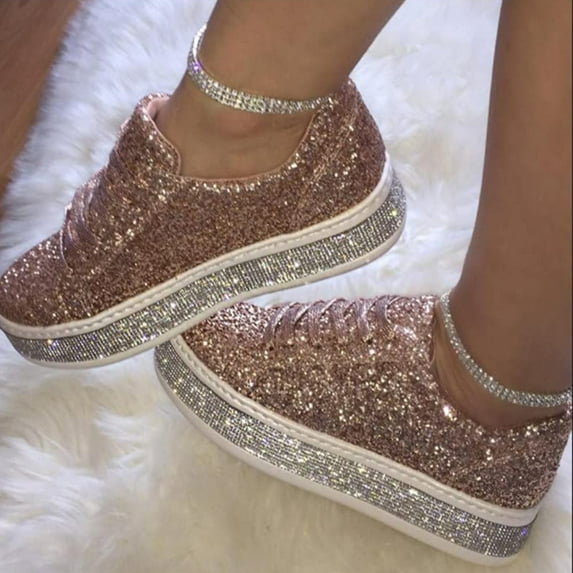 Willtoo Glittered lace-up Women's Sports Shoes in Large Size - Lightweight, Slip-Resistant, Low Heel, Simple Design. Suitable for Walking and Exercising. Pink