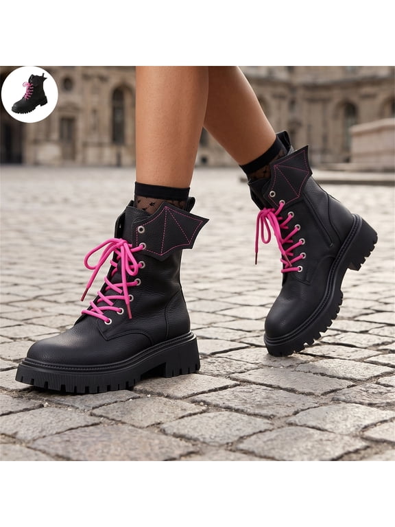 Gothic Style Women Combat Booties Lace Up Side Zipper Rugged Platform Sole Daily Walking Shoes Non Slip Thick Sole Casual Ankle Booties