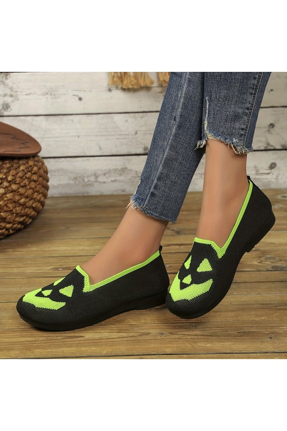 Halloween Shoes for Women Pumpkin Ghost Pattern Loafers Soft Knitted Slip on Flats
