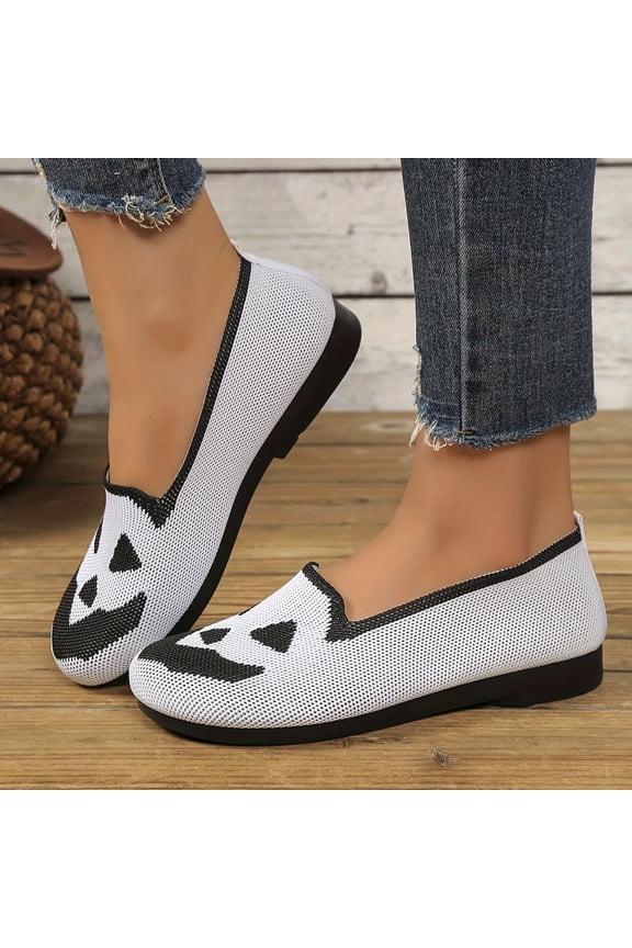 Halloween Shoes for Women Pumpkin Ghost Pattern Loafers Soft Knitted Slip on Flats