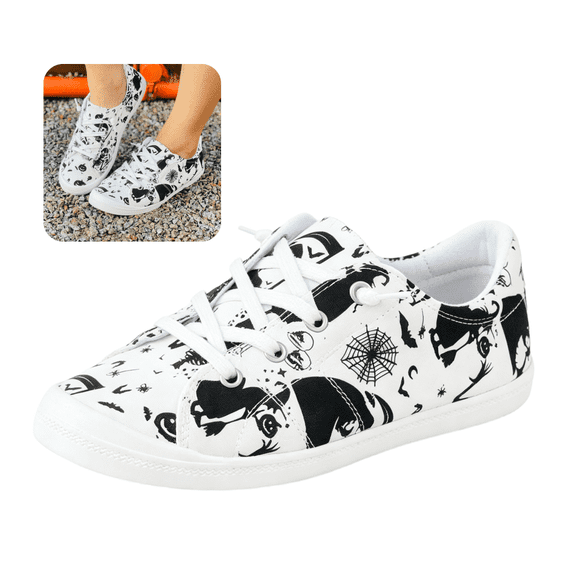 Willtoo Halloween Womens Lace Up Canvas Shoes Low Top Casual Walking Shoes Lightweight Round Toe Fashion Flats for Holiday Daily Wear