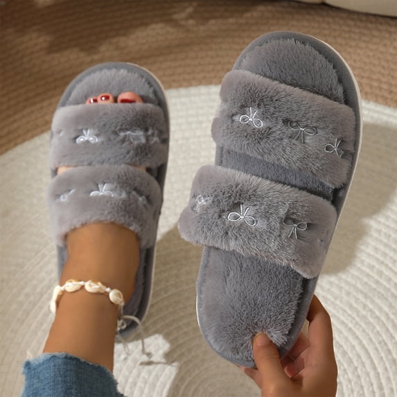 Willtoo House Slippers for Women Double Band Open Toe Slides Lightweight Breathable Memory Foam Home Shoes and Soft Fuzzy Non-Slip Indoor Bedroom Cotton Slippers