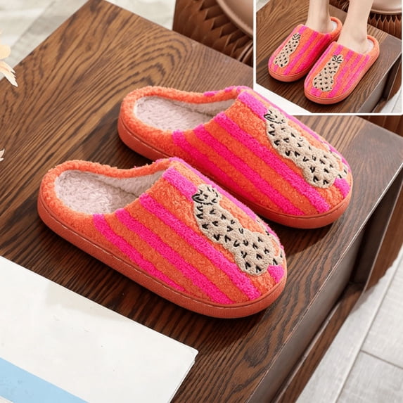 Willtoo House Slippers for Women Retro Stripe Leopard Embroidered Fuzzy Slides Warm Plush Lined Slip On Cozy Indoor Shoes