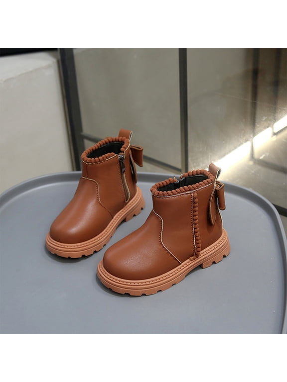 Kids Casual Ankle Boot Round Toe British Faux Leather Slip-On Boots Autumn Winter Booties Non Slip Outsole for Daily School
