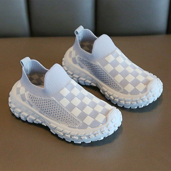 Willtoo Kids Slip On Knit Sneakers Breathable Mesh Checkered Pattern Walking Shoes Lightweight Non-Slip Casual Running Sport Shoes