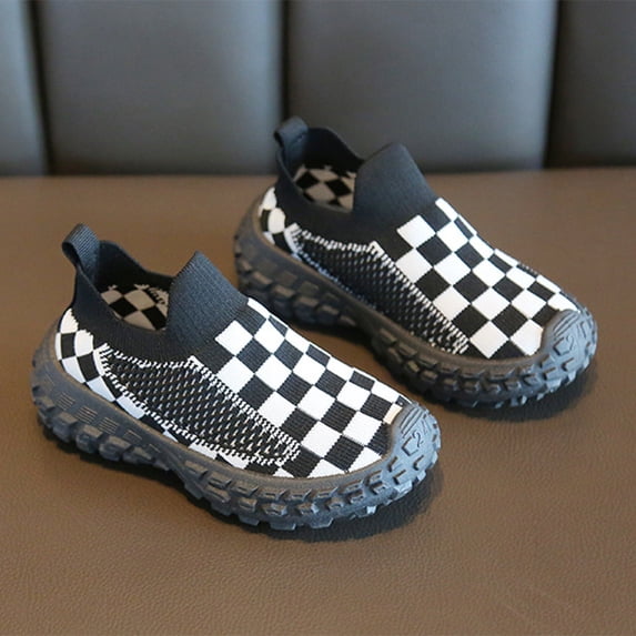 Willtoo Kids Slip On Knit Sneakers Breathable Mesh Checkered Pattern Walking Shoes Lightweight Non-Slip Casual Running Sport Shoes