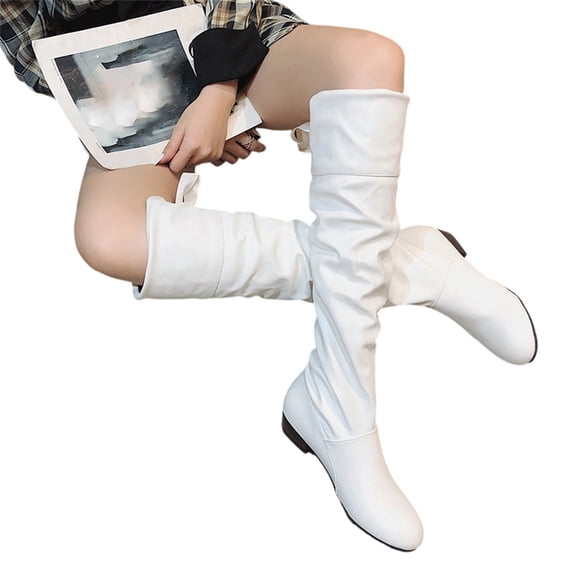 Willtoo Knee High Boots for Women Lace Tie Bow Pleated Thick Warm High Boots Round Toe Faux Leather Winter Shoes Soft Low Heels Dress Footwear