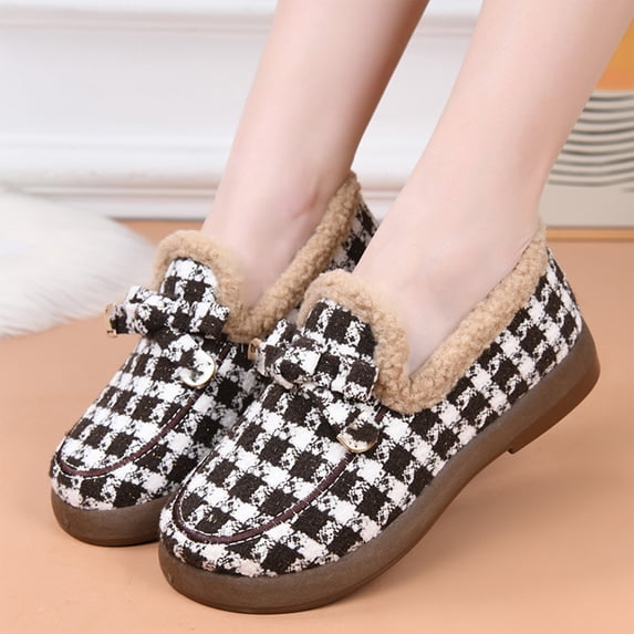 Willtoo Ladies Classic Black White Check Plaid Warm Loafers, Cozy Sherpa Lined Slip On Flats, Vintage Metal Buckle Bow Winter Casual Shoes, Comfort Non Slip Rubber Sole Indoor Outdoor Daily Footwear