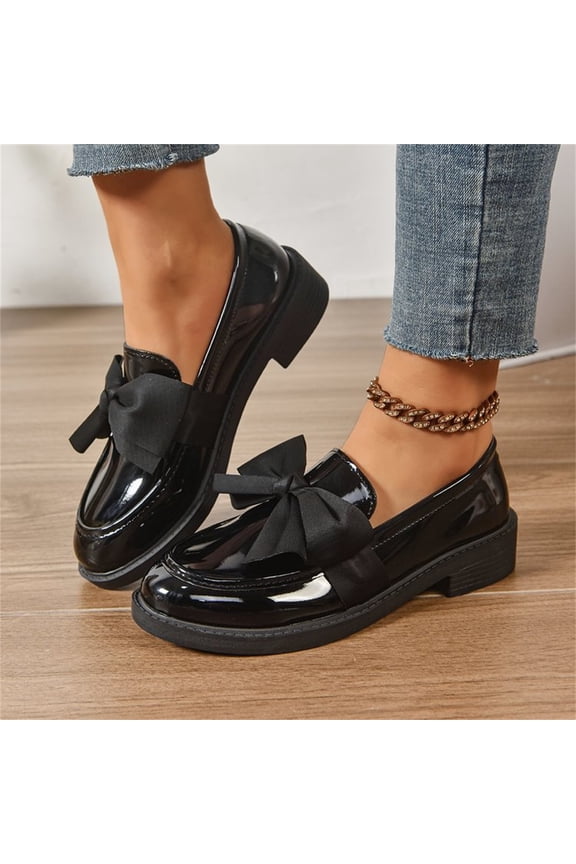 Ladies Patent Leather Loafers with Bow, Pink Slip-On Flat Shoes, Casual Comfort Footwear