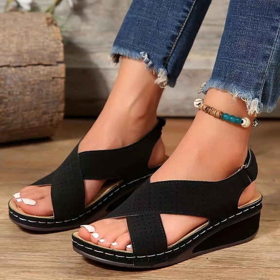 Willtoo Ladies Platform Wedge Sandal,Open Toe Crisscross Summer Walking Shoes,for Flat Feet Open Toe Buckle Strap Beach Ladies Shoes Black US-9(EU-42)