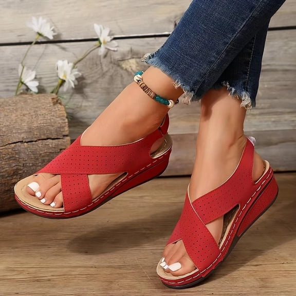 Willtoo Ladies Platform Wedge Sandal,Open Toe Crisscross Summer Walking Shoes,for Flat Feet Open Toe Buckle Strap Beach Ladies Shoes Red US-8（EU-40）
