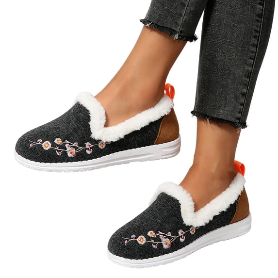 Willtoo Loafers For Women Floral Embroidered Fleece Lined Slip On Flats Soft Fuzzy Trim Cold Weather Loafers Lightweight Non-Slip Walking Footwear Cozy Winter Casual Slipper Shoes