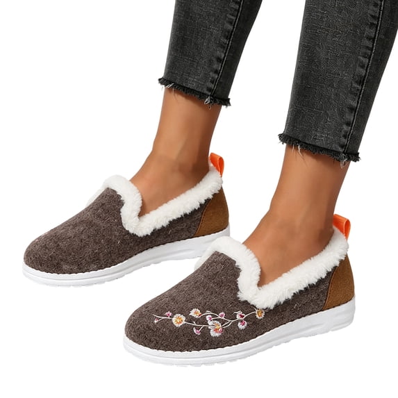 Willtoo Loafers For Women Floral Embroidered Fleece Lined Slip On Flats Soft Fuzzy Trim Cold Weather Loafers Lightweight Non-Slip Walking Footwear Cozy Winter Casual Slipper Shoes