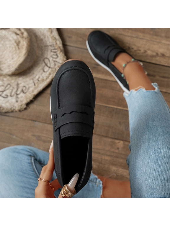 Low Top Platform Loafers for Women Faux Suede Chunky Penny Loafers Slip On Casual Shoes with Non-Slip Comfort Flat