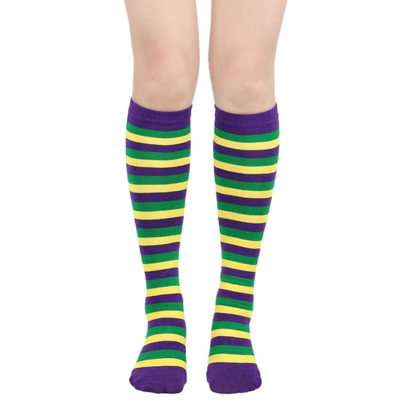 Willtoo Mardi Gras Socks,Mardi Gras Striped Knee High Socks, Purple Yellow Green, One Size Fits Most, Festive Costume Accessories