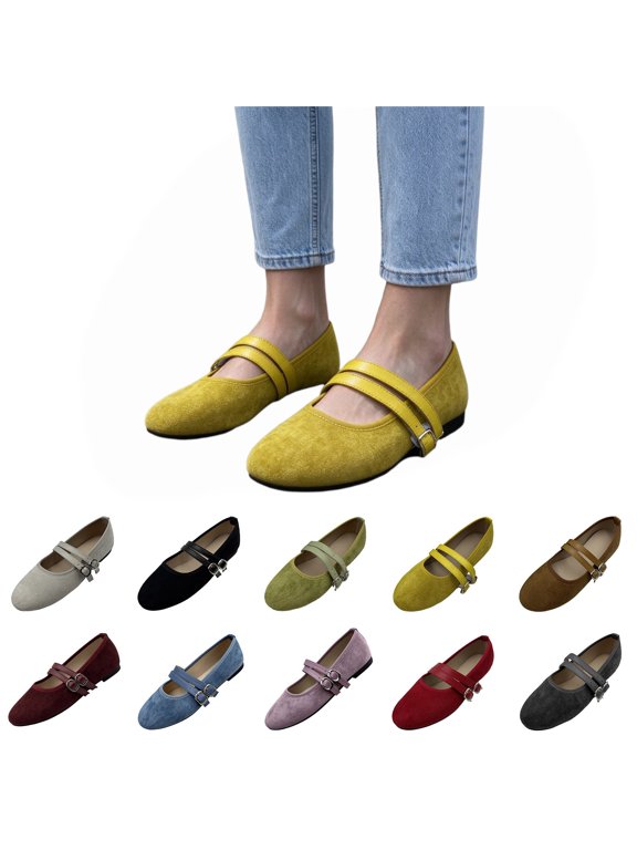 Mary Jane Ballet Flats for Women, Round Toe Double Buckle Strap Flat Shoes, Soft Faux Suede Casual Dress Shoes, Non Slip Slip On Casual Fashion Shoes