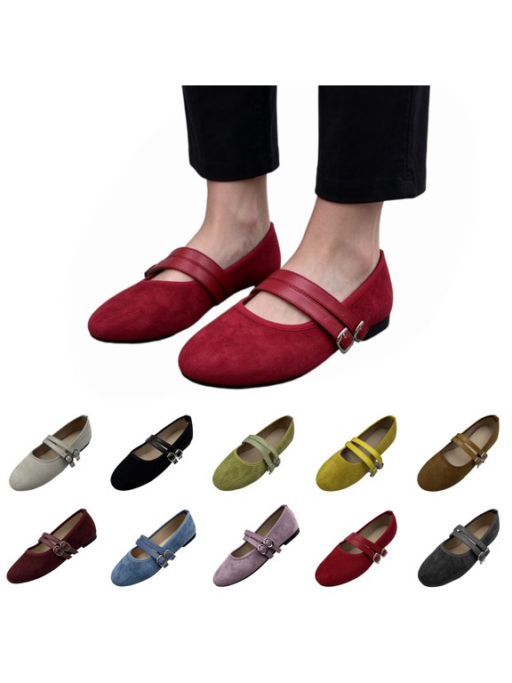 Mary Jane Ballet Flats for Women, Round Toe Double Buckle Strap Flat Shoes, Soft Faux Suede Casual Dress Shoes, Non Slip Slip On Casual Fashion Shoes