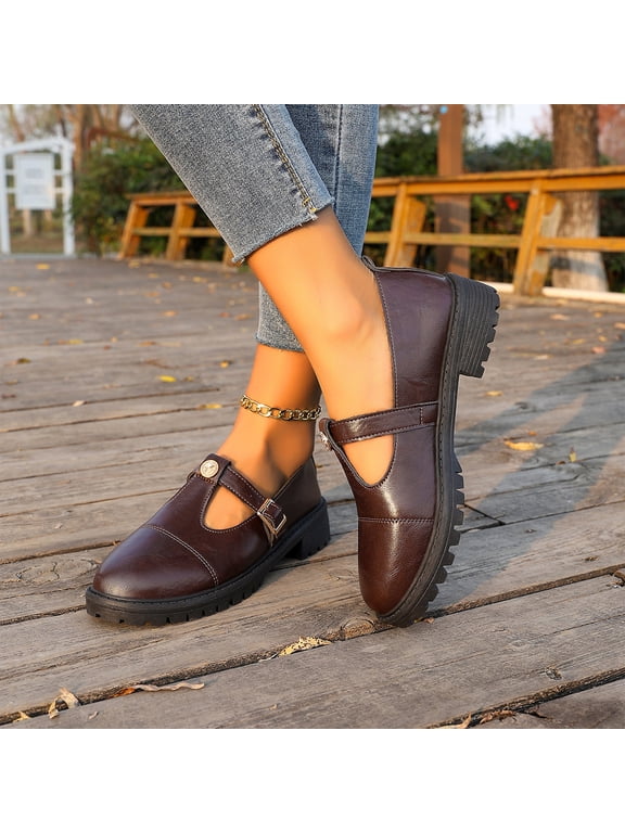 Mary Jane Shoes For Women Platform Non-Slip Classics Round Toe Low Heel Loafers T Strap Comfort Casual Dress Shoes Oxford Dress Work Flat Shoes